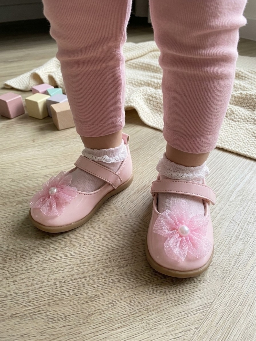 Koala Baby Pink Patent Leather Mary Janes with Tulle Flower & Pearl Accent - Siz